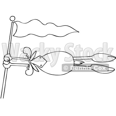 Clipart of a Cartoon Lineart Moose Holding onto a Flag Post in a Wind Storm - Royalty Free Vector Illustration © djart #1400836