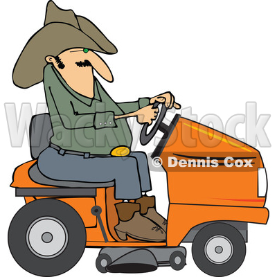Clipart of a Chubby Cowboy Riding an Orange Lawn Mower - Royalty Free Vector Illustration © djart #1401054