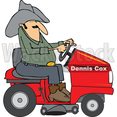 Clipart of a Chubby Cowboy Riding a Red Lawn Mower - Royalty Free Vector Illustration © djart #1401055