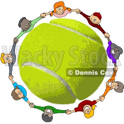 Clipart of a Circle of Happy Children Holding Hands, Looking up and Smiling Around a Tennis Ball - Royalty Free Vector Illustration © djart #1402240