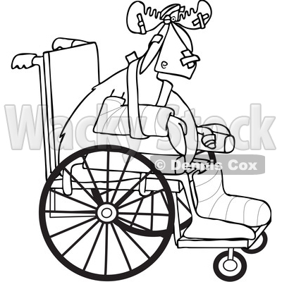 Clipart of a Black and White Lineart Injured Accident Prone Moose in a Wheelchair - Royalty Free Vector Illustration © djart #1402903