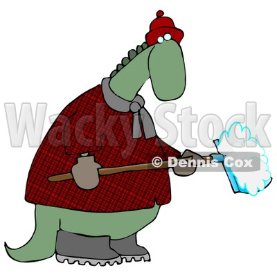 Green Dino in a Coat and Hat, Shoveling Snow in Winter Clipart Illustration © djart #14064
