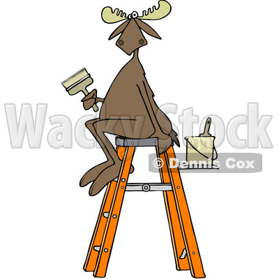 Clipart of a Cartoon Painter Moose Sitting on a Ladder and Holding a Brush - Royalty Free Vector Illustration © djart #1407271