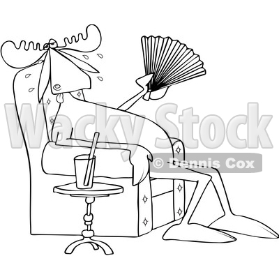 Clipart of a Cartoon Black and White Lineart Hot Sweaty Moose Sitting in a Chair and Fanning Himself by a Cup of Water - Royalty Free Vector Illustration © djart #1407374