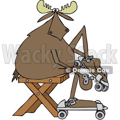 Clipart of a Cartoon Moose Sitting and Putting on Roller Skates - Royalty Free Vector Illustration © djart #1408689