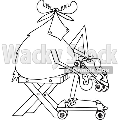 Clipart of a Cartoon Black and White Lineart Moose Sitting and Putting on Roller Skates - Royalty Free Vector Illustration © djart #1408690