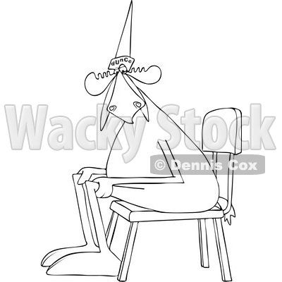 Cartoon Clipart of a Black and White Lineart Moose Wearing a Dunce Hat and Sitting in a Chair - Royalty Free Vector Illustration © djart #1409759
