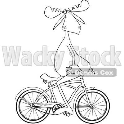 Cartoon Clipart of a Black and White Lineart Moose Sitting on Handelbars and Riding a Bicycle Backwards - Royalty Free Vector Illustration © djart #1409762