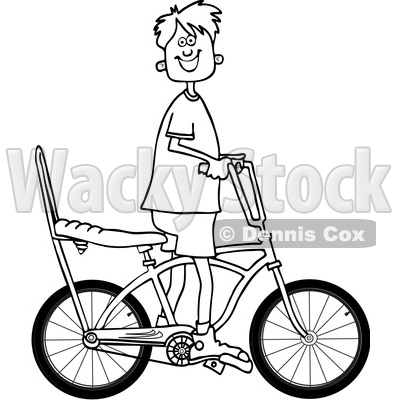 Cartoon Clipart of a Black and White Lineart Happy Boy Riding a Stingray Bicycle - Royalty Free Vector Illustration © djart #1409768