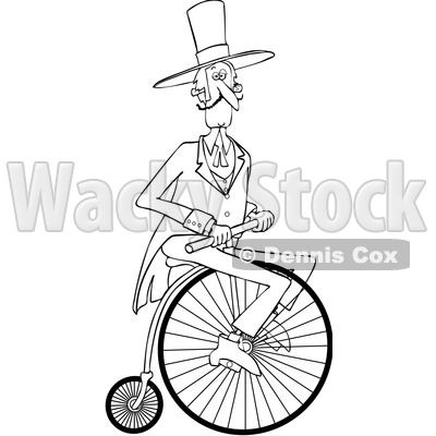 Clipart of a Cartoon Black and White Gentleman Riding a Penny Farthing Bicycle - Royalty Free Vector Illustration © djart #1413993