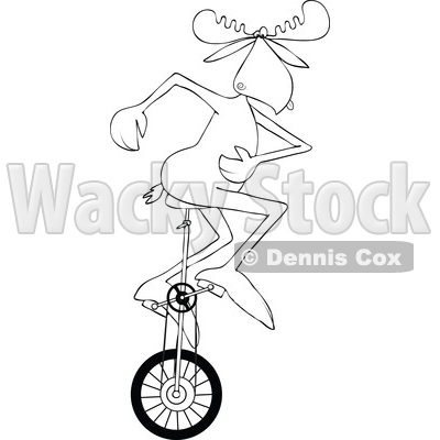 Clipart of a Cartoon Black and White Lineart Moose Riding a Unicycle - Royalty Free Vector Illustration © djart #1416176