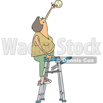 Clipart of a Cartoon Caucasian Woman Standing on a Ladder and Changing a Battery in a Smoke Detector - Royalty Free Vector Illustration © djart #1418874