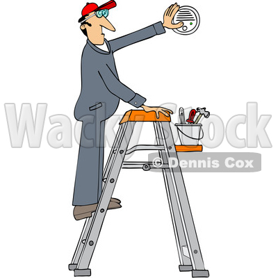Clipart of a Cartoon Caucasian Maintenance Worker Man on a Ladder, Installing a Smoke Detector - Royalty Free Vector Illustration © djart #1418875