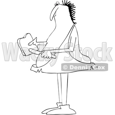 Clipart of a Cartoon Black and White Lineart Chubby Caveman Spreading Peanut Butter on Toast - Royalty Free Vector Illustration © djart #1419318