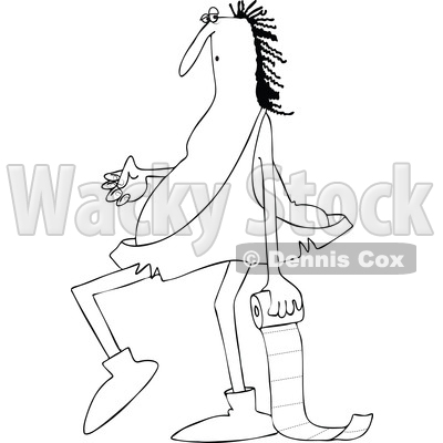 Clipart of a Cartoon Black and White Lineart Chubby Caveman Walking and Carrying a Roll of Toilet Paper - Royalty Free Vector Illustration © djart #1419359