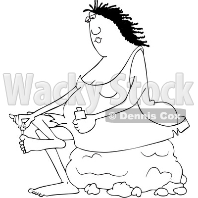 Clipart of a Cartoon Black and White Lineart Chubby Cave Woman Sitting on a Boulder and Painting Her Toe Nails - Royalty Free Vector Illustration © djart #1419361