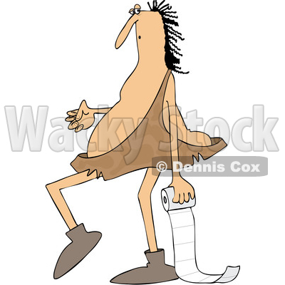 Clipart of a Cartoon Chubby Caveman Walking and Carrying a Roll of Toilet Paper - Royalty Free Vector Illustration © djart #1419363