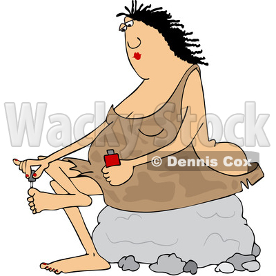 Clipart of a Cartoon Chubby Cave Woman Sitting on a Boulder and Painting Her Toe Nails - Royalty Free Vector Illustration © djart #1419365