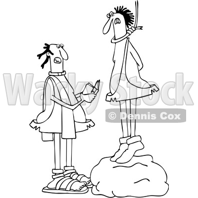 Clipart of a Cartoon Black and White Lineart Priest Reading a Caveman His Last Rights As He Stand on a Boulder with a Noose Around His Neck - Royalty Free Vector Illustration © djart #1421232