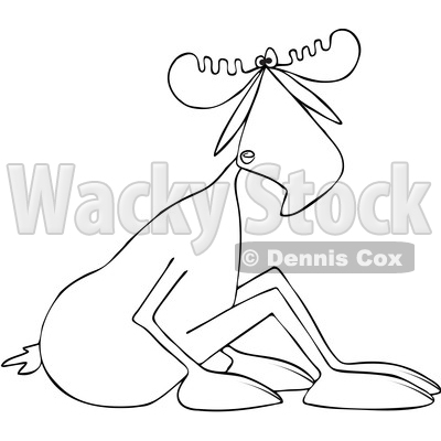 Clipart of a Cartoon Black and White Lineart Moose Sitting on the Ground and Leaning Forward - Royalty Free Vector Illustration © djart #1421238