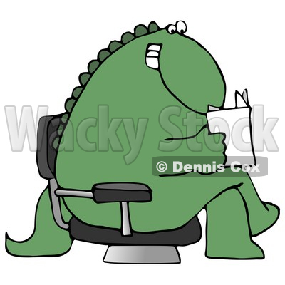 Grinning Green Dinosaur Sitting Cross Legged in a Chair in a Lobby and Reading a Book or Brochure Clipart Illustration © djart #14242