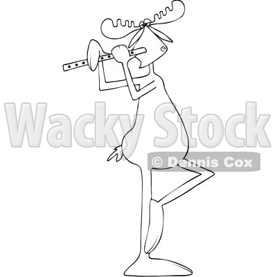 Clipart of a Cartoon Black and White Lineart Musician Moose Playing a Flute - Royalty Free Vector Illustration © djart #1426147