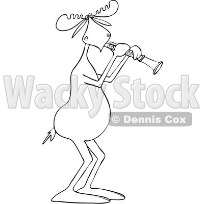 Clipart of a Cartoon Black and White Lineart Musician Moose Playing a Clarinet - Royalty Free Vector Illustration © djart #1426932