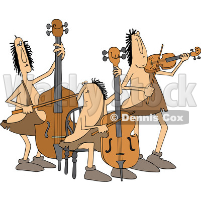 Clipart of a Cartoon Caveman Orchestra with a Double Bass, Cello and Violin - Royalty Free Vector Illustration © djart #1431315