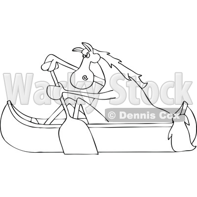Clipart of a Cartoon Black and White Lineart Horse Paddling a Canoe - Royalty Free Vector Illustration © djart #1432897
