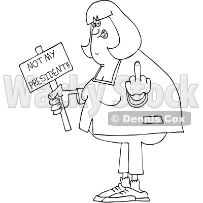 Clipart of a Cartoon Black and White Lineart Chubby Woman Holding up a Middle Finger and Not My President Sign - Royalty Free Vector Illustration © djart #1432907