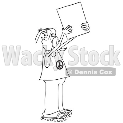 Clipart of a Cartoon Black and White Male Hippie Protestor Wearing a Peace Shirt and Holding up a Blank Sign - Royalty Free Vector Illustration © djart #1434137