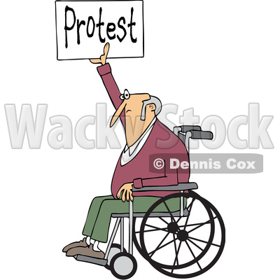 Clipart of a Cartoon White Senior Male Protestor in a Wheelchair, Holding up a Protest Sign - Royalty Free Vector Illustration © djart #1434149