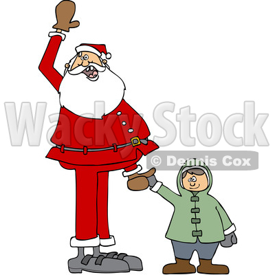 Clipart of a Cartoon Christmas Santa Claus Holding a White Boy's Hand and Waving - Royalty Free Vector Illustration © djart #1434252
