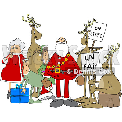 Clipart of a Cartoon Christmas Santa Claus with the Mrs, Elves and Protesting Reindeer - Royalty Free Vector Illustration © djart #1437938