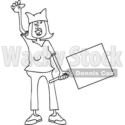 Clipart of a Cartoon Black and White Lineart Angry Woman Shouting, Wearing a Pussy Hat and Holding a Blank Sign at the Womens March - Royalty Free Vector Illustration © djart #1442129