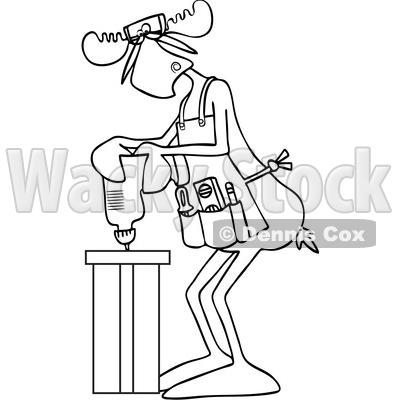 Clipart of a Cartoon Black and White Lineart Moose Operating a Power Drill in a Shop - Royalty Free Vector Illustration © djart #1442131