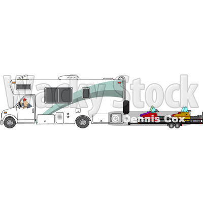 Clipart of a Cartoon White Man Backing up a Class C Motorhome and Towing Snowmobiles - Royalty Free Vector Illustration © djart #1446909