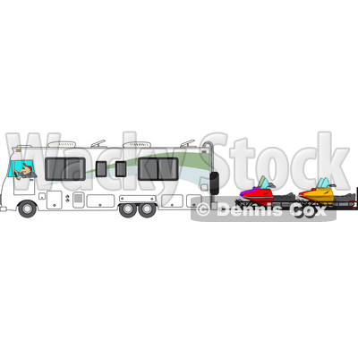 Clipart of a Cartoon White Man Driving a Motorhome and Towing Snowmobiles| Royalty Free Vector Illustration © djart #1446911
