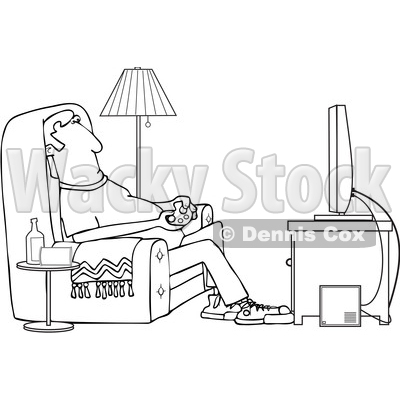 Clipart of a Cartoon Black and White Lineart Man Paying Video Games in His Living Room - Royalty Free Vector Illustration © djart #1448293