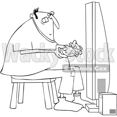 Clipart of a Cartoon Black and White Lineart Chubby Man Playing Video Games - Royalty Free Vector Illustration © djart #1448469