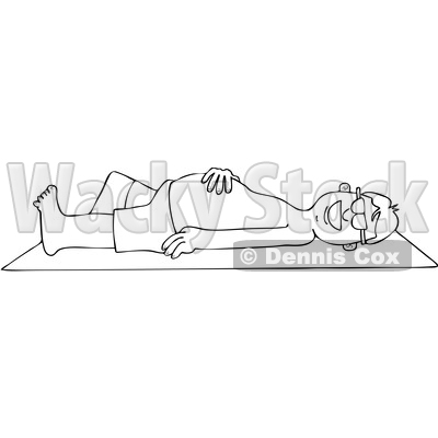 Clipart Graphic of a Cartoon Black and White Lineart Happy Man Sun Bathing on a Beach Towel - Royalty Free Vector Illustration © djart #1451408