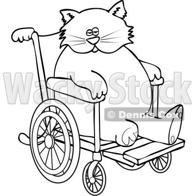 Clipart of a Cartoon Black and White Lineart Chubby 3 Legged Cat in a Wheelchair - Royalty Free Vector Illustration © djart #1452482
