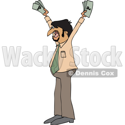 Clipart of a Cartoon Hispanic Business Man Holding up Cash Money - Royalty Free Vector Illustration © djart #1454118