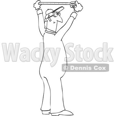 Clipart Graphic of a Cartoon Black and White Lineart Male Worker Using a Tape Measure - Royalty Free Vector Illustration © djart #1454433