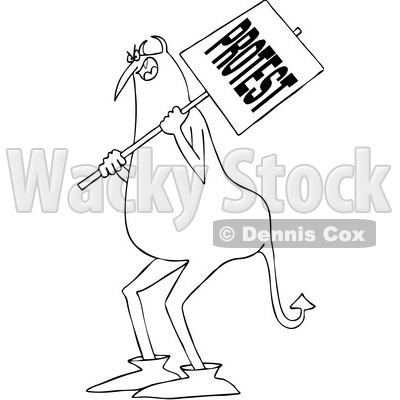 Clipart of a Cartoon Black and White Chubby Devil Protestor Holding a Sign - Royalty Free Vector Illustration © djart #1455538