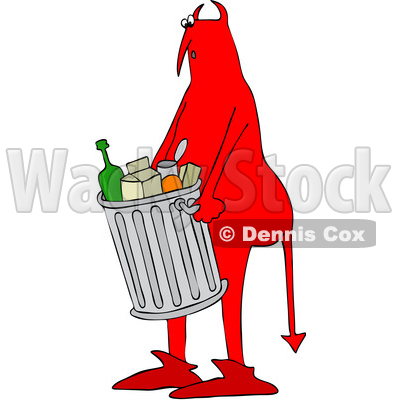 Clipart of a Chubby Red Devil Carrying a Trash Can - Royalty Free Vector Illustration © djart #1458163