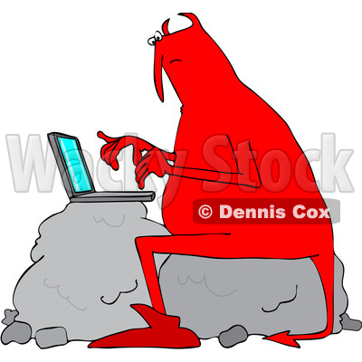 Clipart of a Chubby Red Devil Sitting on a Boulder and Using a Laptop Computer - Royalty Free Vector Illustration © djart #1458165