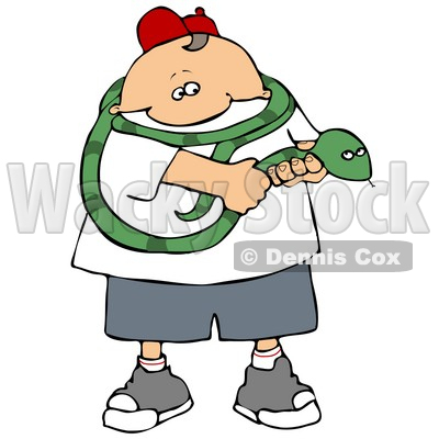 Brave Boy Holding a Long Green Snake That is Coiled Around His Shoulders Clipart Illustration © djart #14593