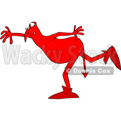 Clipart of a Chubby Red Devil Balancing on One Foot - Royalty Free Vector Illustration © djart #1460997