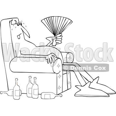 Clipart of a Cartoon Black and White Hot Chubby Devil Sitting in a Chair with a Fan and Bottles on the Floor - Royalty Free Vector Illustration © djart #1461326